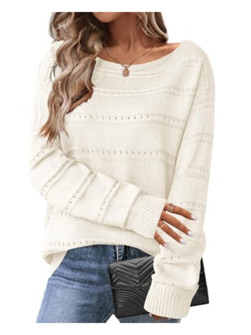 Womens Loose Fit Boat Neck Long Sleeve Crochet Sweater Pullover